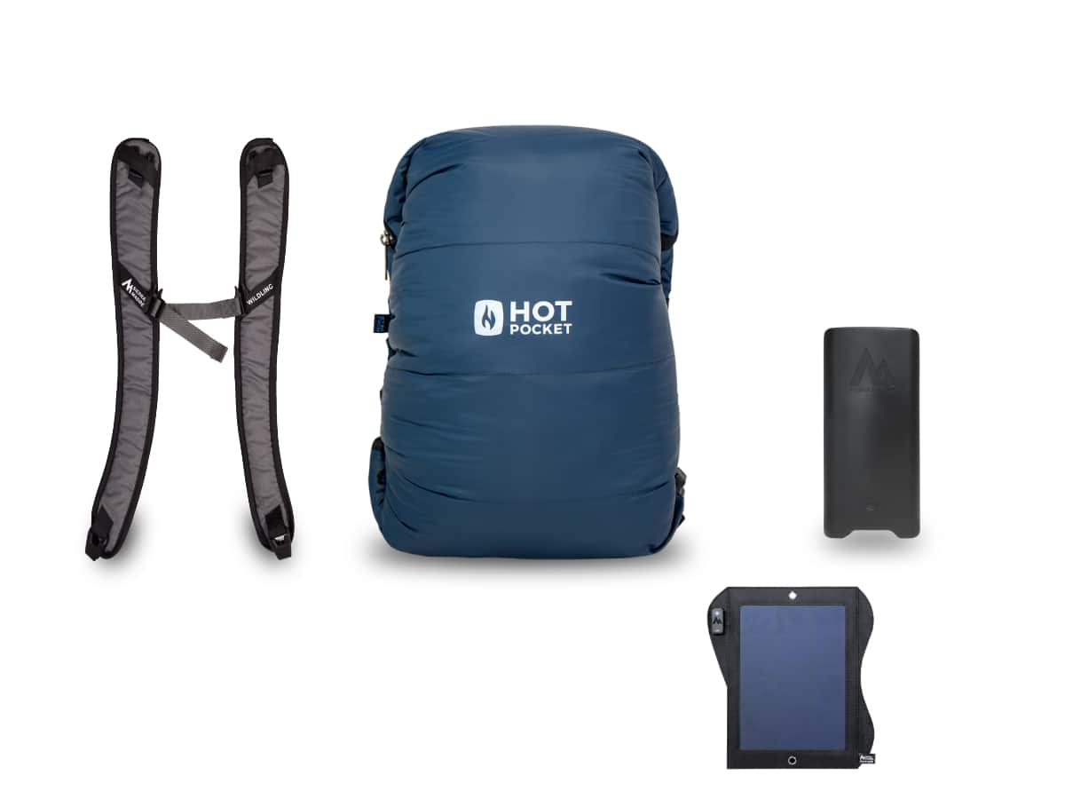 Hot Pocket | Instant Warmth Anywhere  Medium + Strap Pack / Power Pack XL (High Performance Long Duration) / Solar System 7watt (Lightest)