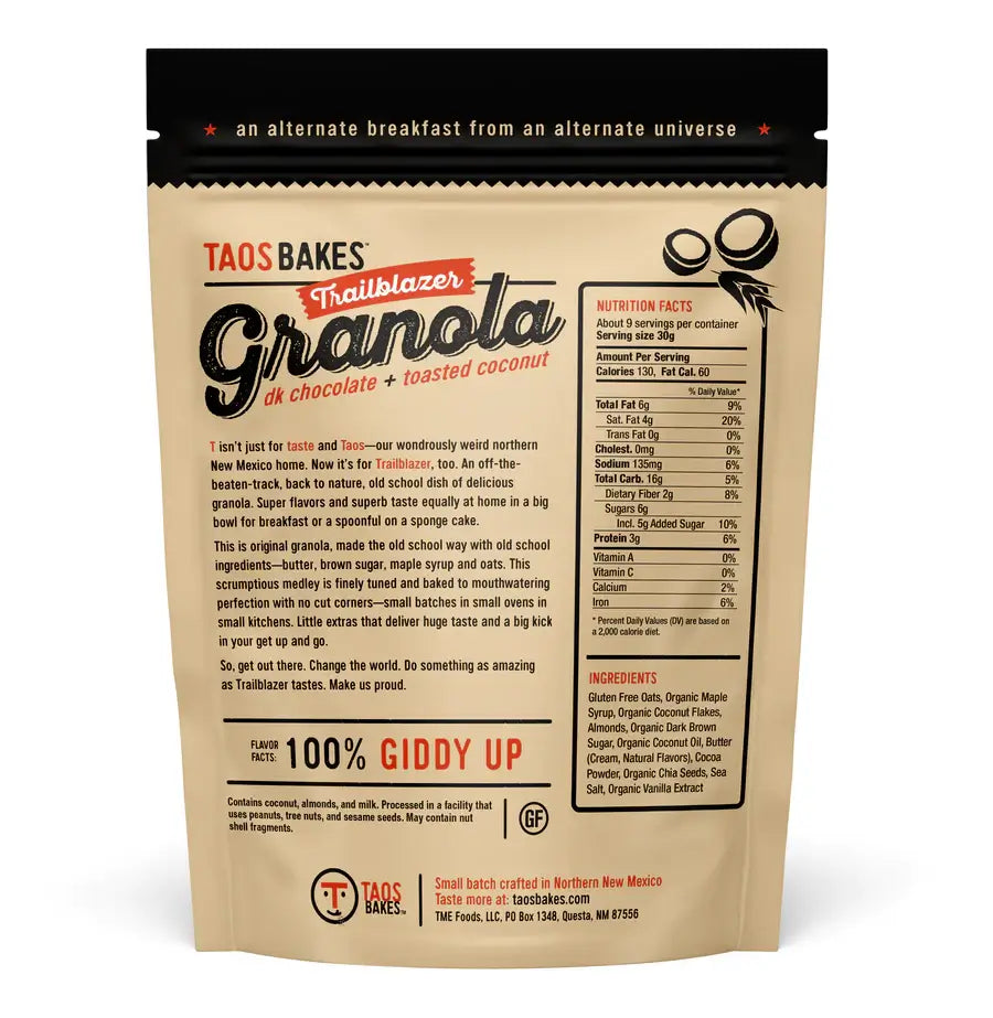 Taos Bakes | TRAILBLAZER GRANOLA - DK CHOCOLATE + TOASTED COCONUT